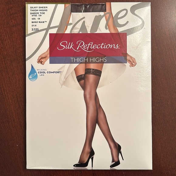 Brand New Hanes Silk Reflections Set of Two Pairs Thigh Highs Black Sheer Hose - Picture 5 of 14